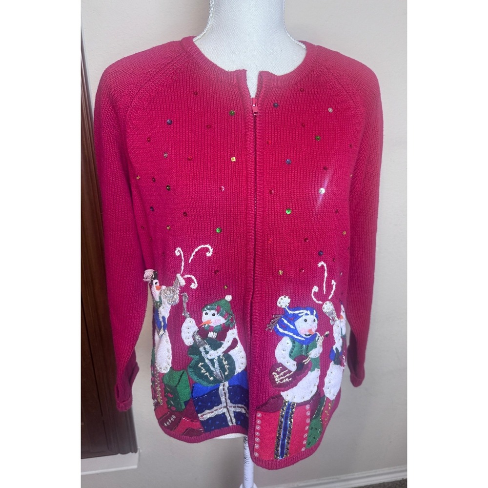 Vintage Heirloom Collectibles Snowman Christmas Cardigan Red Zip Up Sweater M
